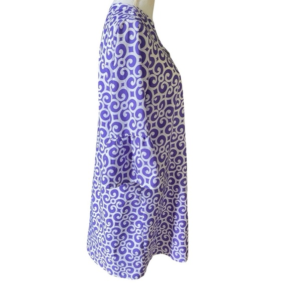 Buckhead Betties Silky Shift Dress Size L Purple White Design Bell Sleeve Roomy - Picture 5 of 12